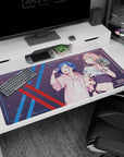 Large 40x20 inches mouse pad featuring Zero Two and Ichigo in modern streetwear, with soft pastels and cyberpunk details for a chic, stylish anime aesthetic.
