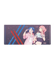 Mouse pad featuring Zero Two and Ichigo design, 28x12 inches, with soft pastels, cyberpunk details, and sakura petals for a modern anime vibe.