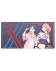 Mouse pad featuring Zero Two and Ichigo design, 32x16 inches, with soft pastels, cyberpunk elements, and sakura petals for a stylish, modern aesthetic.