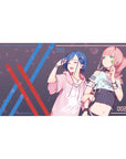 Mouse pad featuring Zero Two and Ichigo design, 40x20 inches, with modern streetwear, soft pastels, cyberpunk details, and sakura petals for a stylish anime vibe.