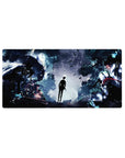 Mouse pad featuring Solo Leveling design, 32x16 inches, with Sung Jin-Woo and his shadow army in a mystical forest, featuring Igris and Beru for dark power.
