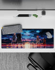 Anime mouse pad 32x12 inches featuring Sword Art Online legends under a fiery twilight sky, with deep blues and sunset golds.