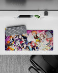 Candy pink anime girl mouse pad 28x12 inches with confetti ribbons and concert stage lights, upbeat vibe.