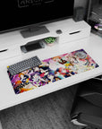 Honoka and friends sparkly idol group hug scene anime girl mouse pad, 32x12 inches.