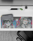 Intense 32x12 mouse pad features neon accents, glitch effects, and intricate details for fans of futuristic artistry