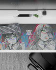 Striking 36x16 mouse pad highlights neon-tinted glasses, grainy textures, and RGB distortions, capturing the duo’s futuristic essence in stunning visual detail