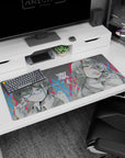 Futuristic artwork on 36x16 mouse pad captures the essence of cyberpunk innovation with sharp contrasts and digital effects