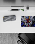 Classic anime mouse pad 14x10 inches in deep space tones, crisp blue panels, gold glowing eyes, metallic.
