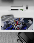 32x12 inches anime mouse pad with glowing gold eyes, crisp white armor, bold reds and cool blues, sci-fi vibe.