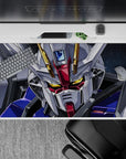 White armor on deep space, red accents and blue panels, gold glowing eyes desk pad 40x20 inches.
