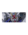 28x12 inches anime mouse pad with Strike Gundam face-shot, white armor, red accents, blue panels.