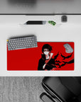 28x12 inches anime desk mat in deep red and black with dark Akatsuki mood and sharp shadows.