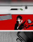 36x16 inches anime desk pad in bold red and black, calm dark vibe with ink-like crows in motion.