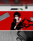 40x20 inches anime mouse pad in bold red and deep black, calm dark vibe with ink-like crows in motion.