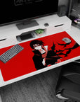 40x20 inches desk pad featuring Itachi Uchiha staring forward, black crows flying across a red background.