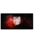 Mouse pad featuring Wings of Freedom, 32x16 inches, with glowing emblem and battlefield embers for a bold, AoT-inspired vibe.