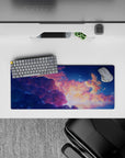Soft-fantasy anime desk mat 28x12 inches in warm peach and deep navy with dreamy starlit calm.