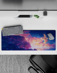32x12 inches anime mouse pad in warm peach clouds and deep navy night sky, calm dreamy vibe.