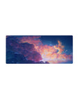 Anime sky scene mouse pad 28x12 inches with winged companion, peach clouds, navy night, stars.