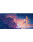 Anime desk pad 36x16 inches with Ghibli-inspired sky, winged companion, stars, and peach clouds.