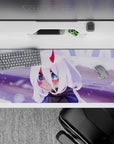 36x16 inches mouse pad with chibi Zero Two design, blending soft white hair, glowing eyes, and delicate horns in a tranquil, snowy scene for winter charm.