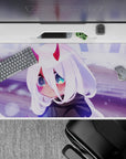 40x20 inches mouse pad with chibi Zero Two design, showcasing her soft white hair, glowing eyes, and delicate horns amidst a dreamy, snowy night.