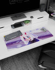 Artistic 32x12 inches mouse pad featuring chibi Zero Two design, with soft white hair, glowing eyes, and delicate horns for a magical, snowy night effect.