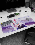 Artistic 36x16 inches mouse pad featuring chibi Zero Two design, with glowing eyes, delicate horns, and a dreamy snowy backdrop for a magical, serene vibe.
