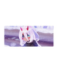 Mouse pad featuring chibi Zero Two design, 28x12 inches, with glowing eyes, delicate horns, and soft white hair in a tranquil snowy setting for charm.