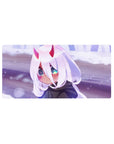Mouse pad featuring chibi Zero Two design, 32x16 inches, with soft white hair, glowing eyes, and delicate horns for a charming, snowy night look.
