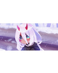 Mouse pad featuring chibi Zero Two design, 36x16 inches, with soft white hair, glowing eyes, and delicate horns in a dreamy snowy setting for winter magic.