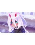 Mouse pad featuring chibi Zero Two design, 40x20 inches, with soft white hair, glowing eyes, and delicate horns in a dreamy snowy setting for a magical vibe.