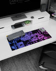 28x12 inches anime mouse pad featuring wide-eyed faces and a surreal staring cat in midnight horror panels.