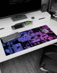 36x16 inches anime desk pad featuring shadowy faces, staring cat, and stacked horror manga panels in comic frames.