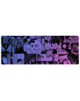 32x12 inches anime mouse pad with horror manga collage panels, wide eyes, cat stare, and jagged speech bubbles.
