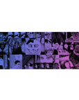 36x16 inches anime desk pad with horror manga collage panels, wide eyes, jagged speech bubbles, bold frames.