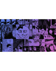 Horror manga collage anime desk pad with comic frames, wide eyes, shadowy faces, 40x20 inches.