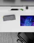 Velvety purples and electric blues galaxy mouse pad, classic 14x10 inches, calming night-sky vibe.