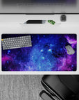 Velvety purple and electric blue mouse pad 32x16 inches with calming night-sky vibe and starry dust.