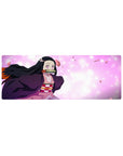 Anime mouse pad 32x12 inches featuring Nezuko from Demon Slayer, surrounded by sakura petals and pastel tones.