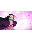 Nezuko anime desk pad 40x20 inches featuring soft pink hues, sakura petals, and Nezuko's determined, charming eyes.