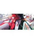Mouse pad featuring Asuka Langley Shikinami in Evangelion Unit-02, 36x16 inches, with a mix of vivid reds, deep blues, and mechanical whites.