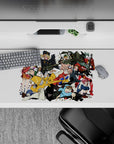 36x16 inches anime desk pad in bold reds, blacks, teal hair, crisp cel shading on a clean white backdrop.