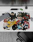 Bold red, black, and teal anime desk pad 40x20 inches with punchy action energy on a crisp white backdrop.