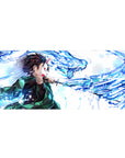36x16 inch desk pad highlighting Tanjiro Kamado's intense battle pose with a water dragon theme