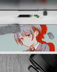 Cozy teal-and-red anime desk pad 36x16 inches, calm school-uniform vibe and smooth mouse glide.