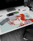 Anime schoolgirl desk mat 40x20 inches featuring a stubborn, calm girl with bow and gray-blue hair by keyboard.