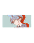 Anime girl mouse pad 28x12 inches with gray-blue hair and bow, clean line art and red shadow accents.