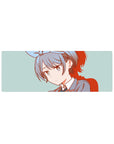 Anime girl mouse pad 32x12 inches with gray-blue hair, bow, clean line art, and red shadow accents.