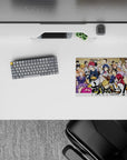 Colorful 14x10 inches anime mouse pad in warm wood tones, bright hair colors, lively lunchroom mood.